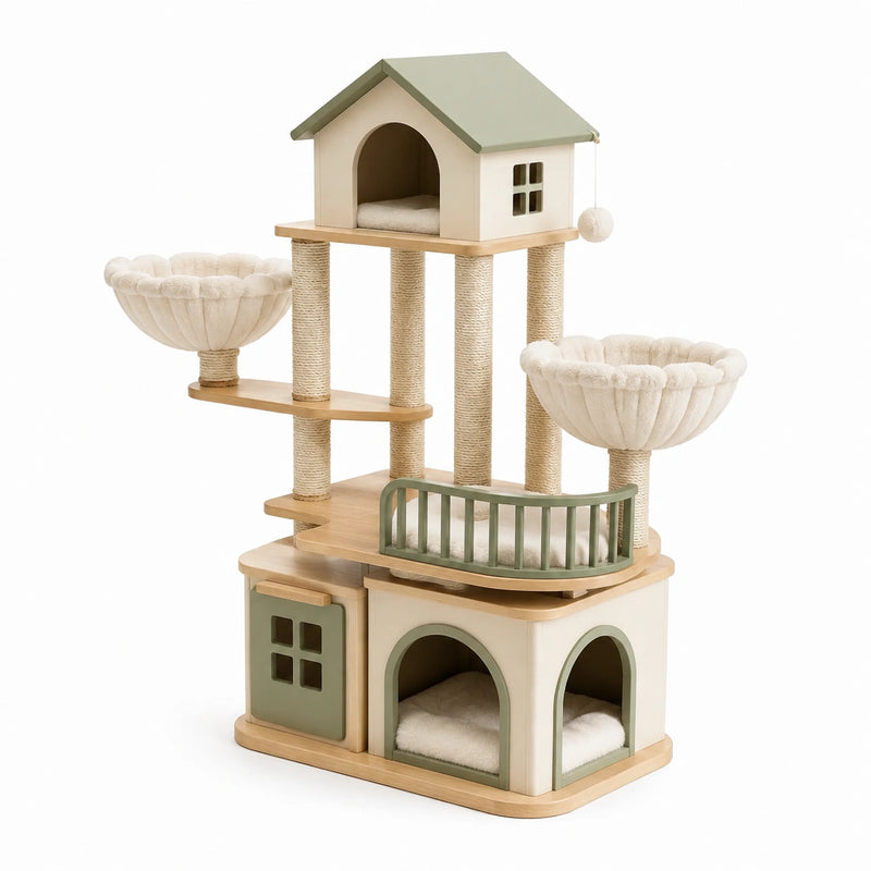 Árbol para gatos de madera con cuevas y plataformas de sisal beige/verde