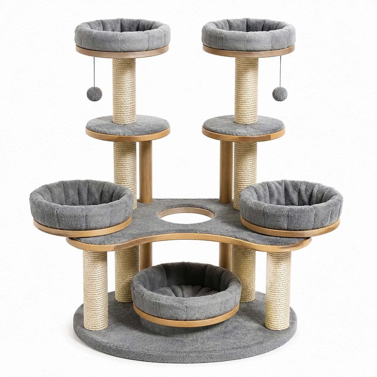 Árbol rascador para gatos de madera y felpa gris con plataformas y postes de sisal