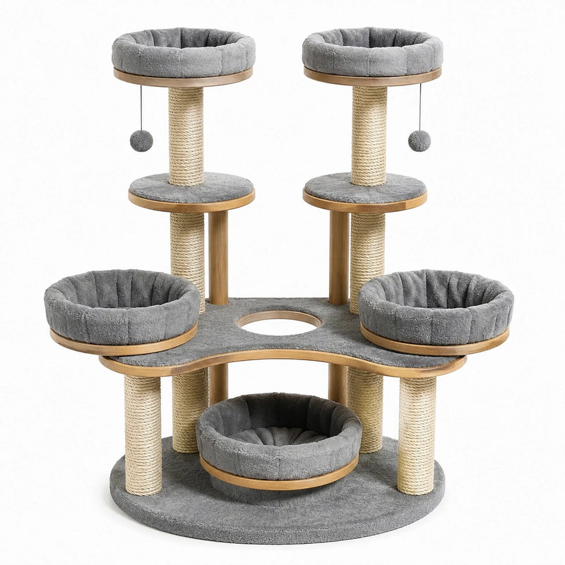 Árbol rascador para gatos de madera y felpa gris con plataformas y postes de sisal
