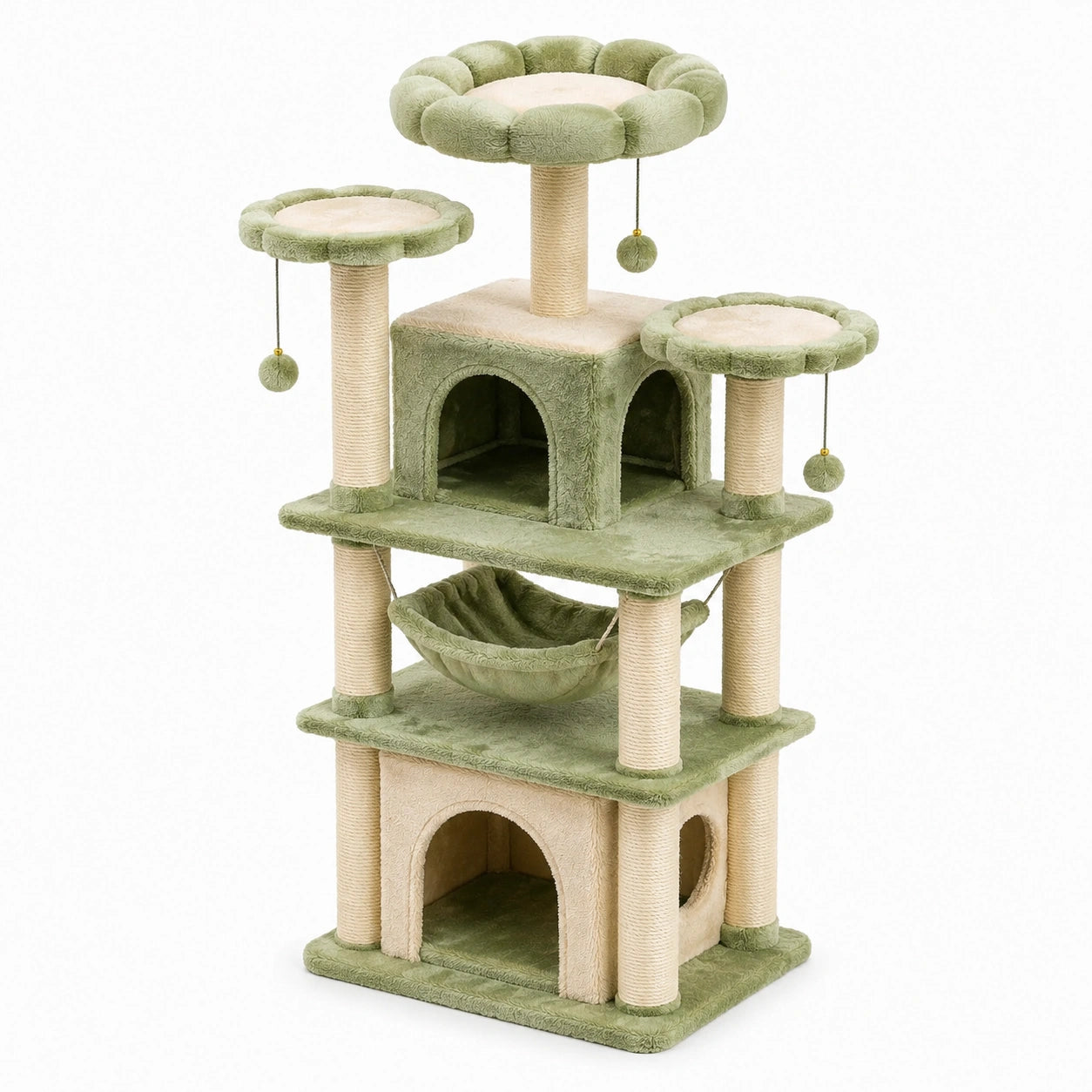 Árbol para gatos de tres niveles con felpa y sisal verde 60x40x120 cm