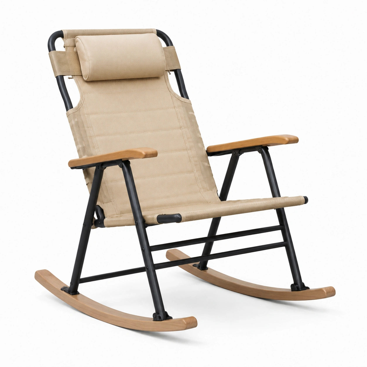 Silla mecedora plegable de acero y tela beige con apoyabrazos de madera