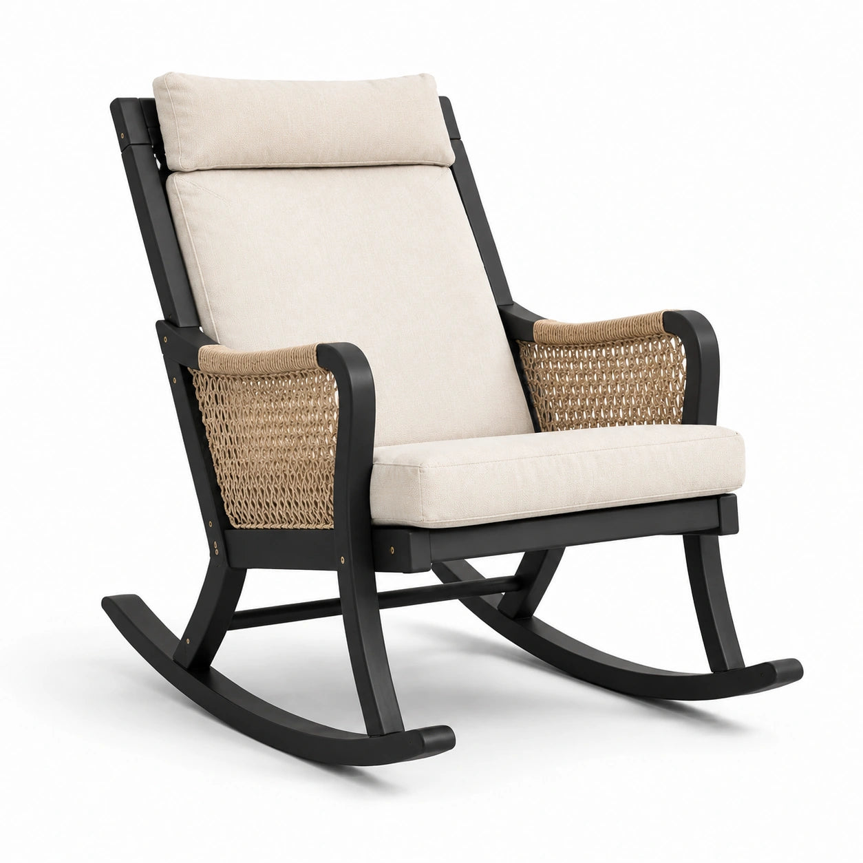 Mecedora de madera con tejido de mimbre, color beige y negro