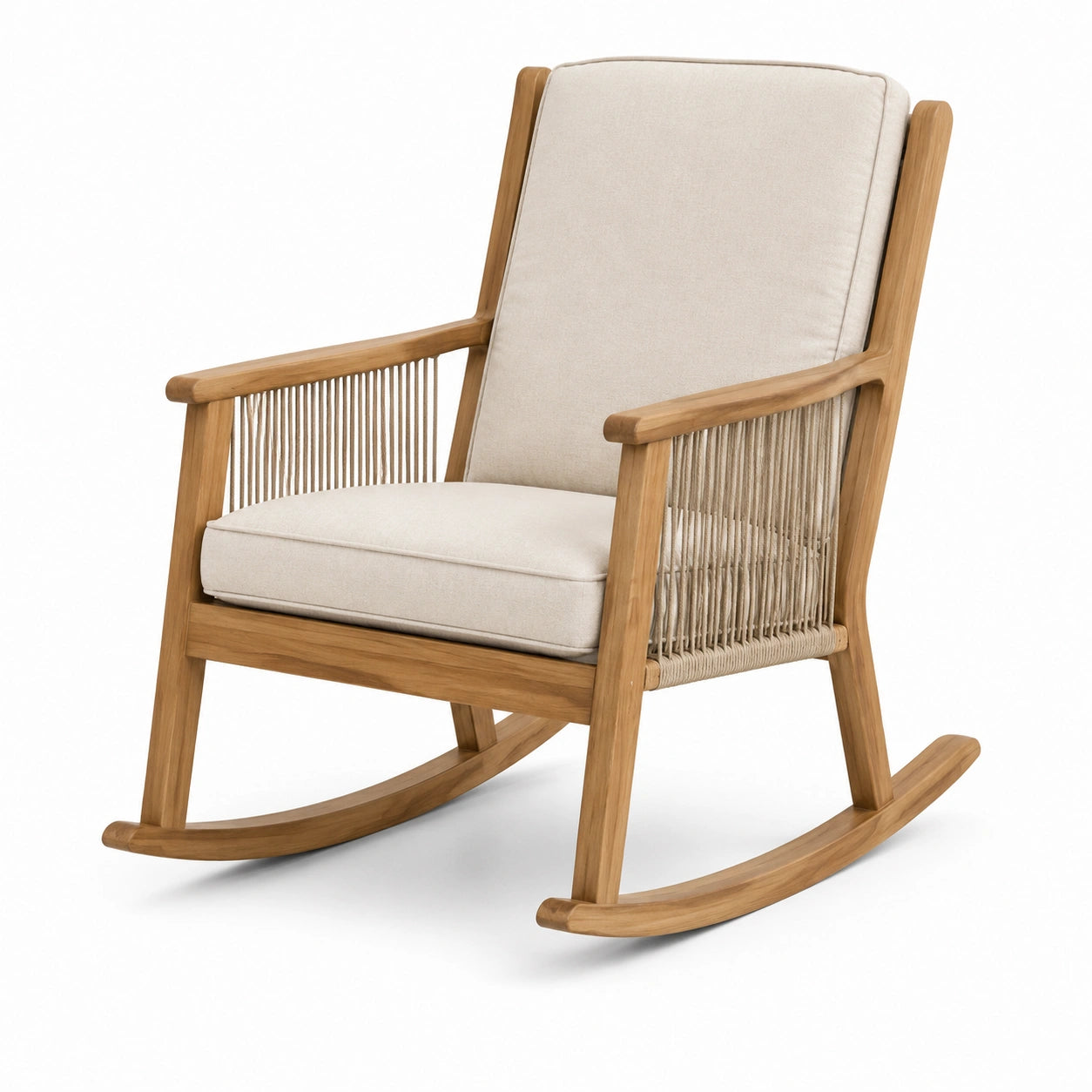 Mecedora de madera con cojines de poliéster beige