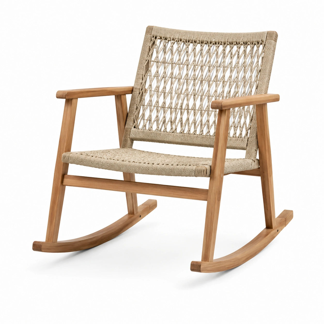 Mecedora de madera de teca y cuerda sintética beige