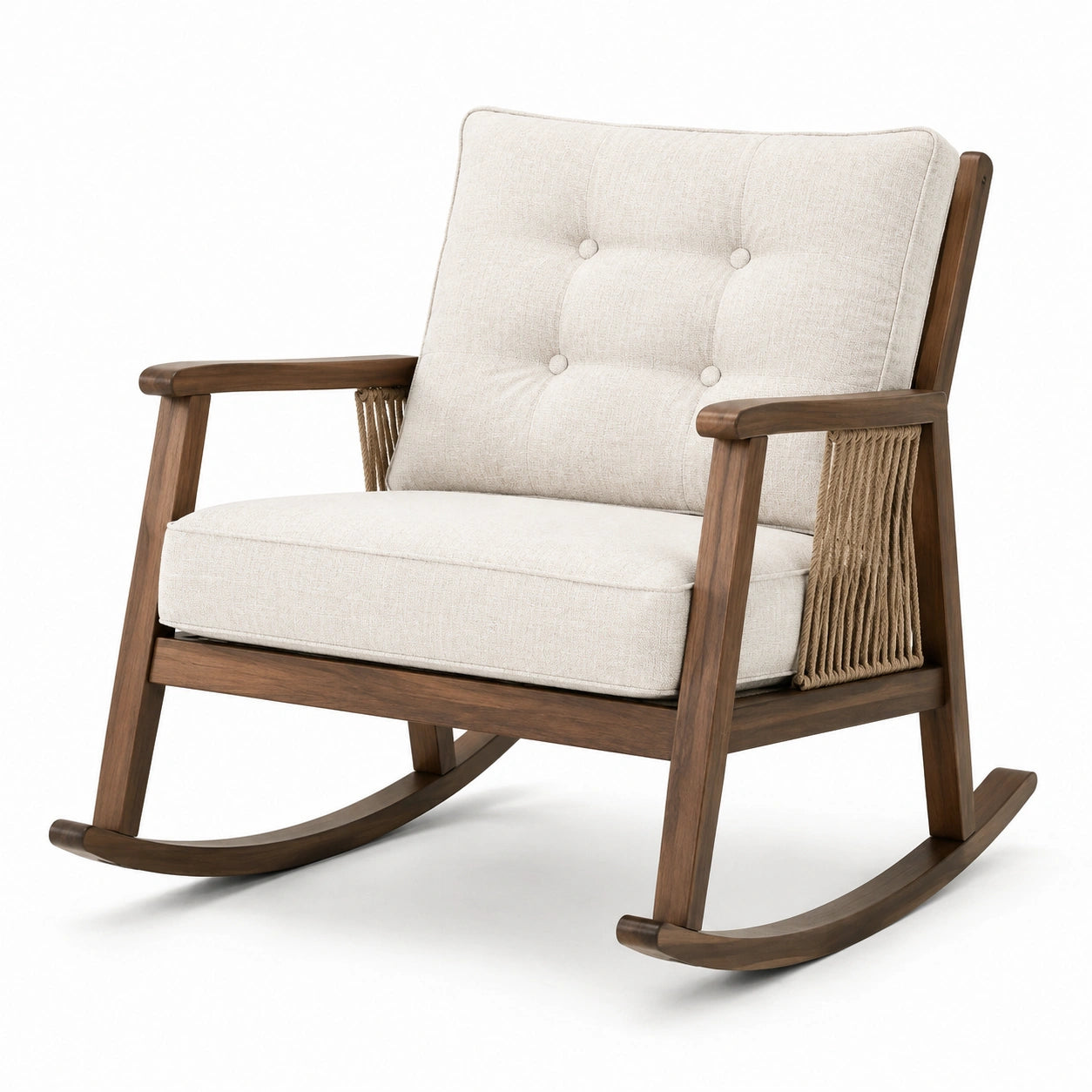 Mecedora de madera con cojines de lino beige