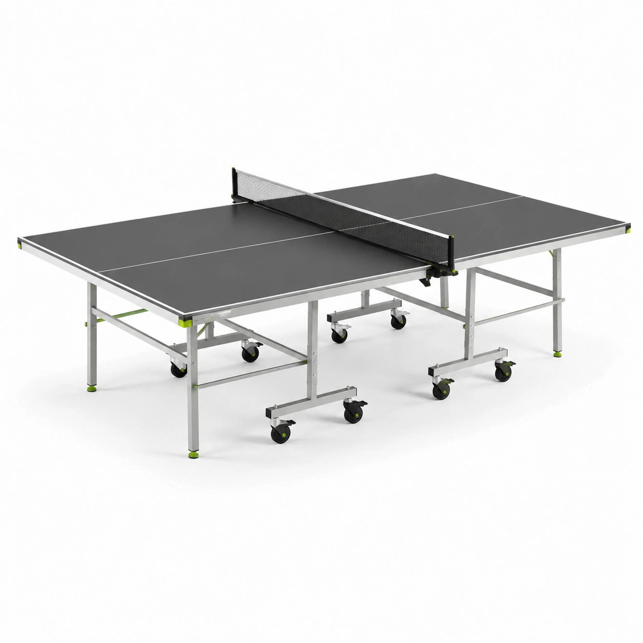 Mesa de ping-pong plegable de interior con superficie de aglomerado y marco de acero, color negro