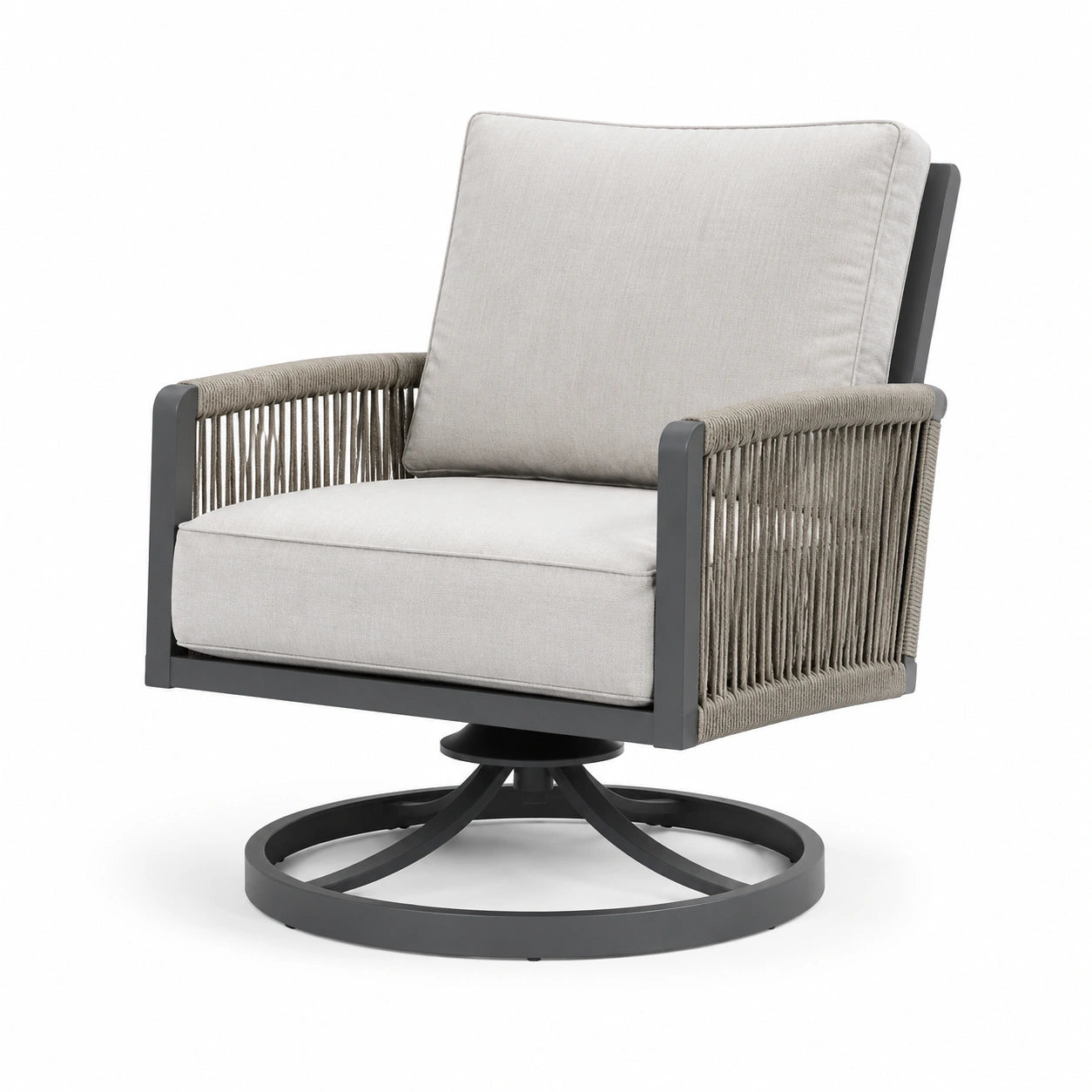 Silla giratoria de aluminio con cuerda y cojines de poliéster gris claro