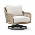 Silla giratoria de acero y madera con cuerda de poliéster beige para exterior