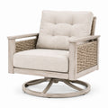 Silla giratoria de acacia y mimbre beige con cojín