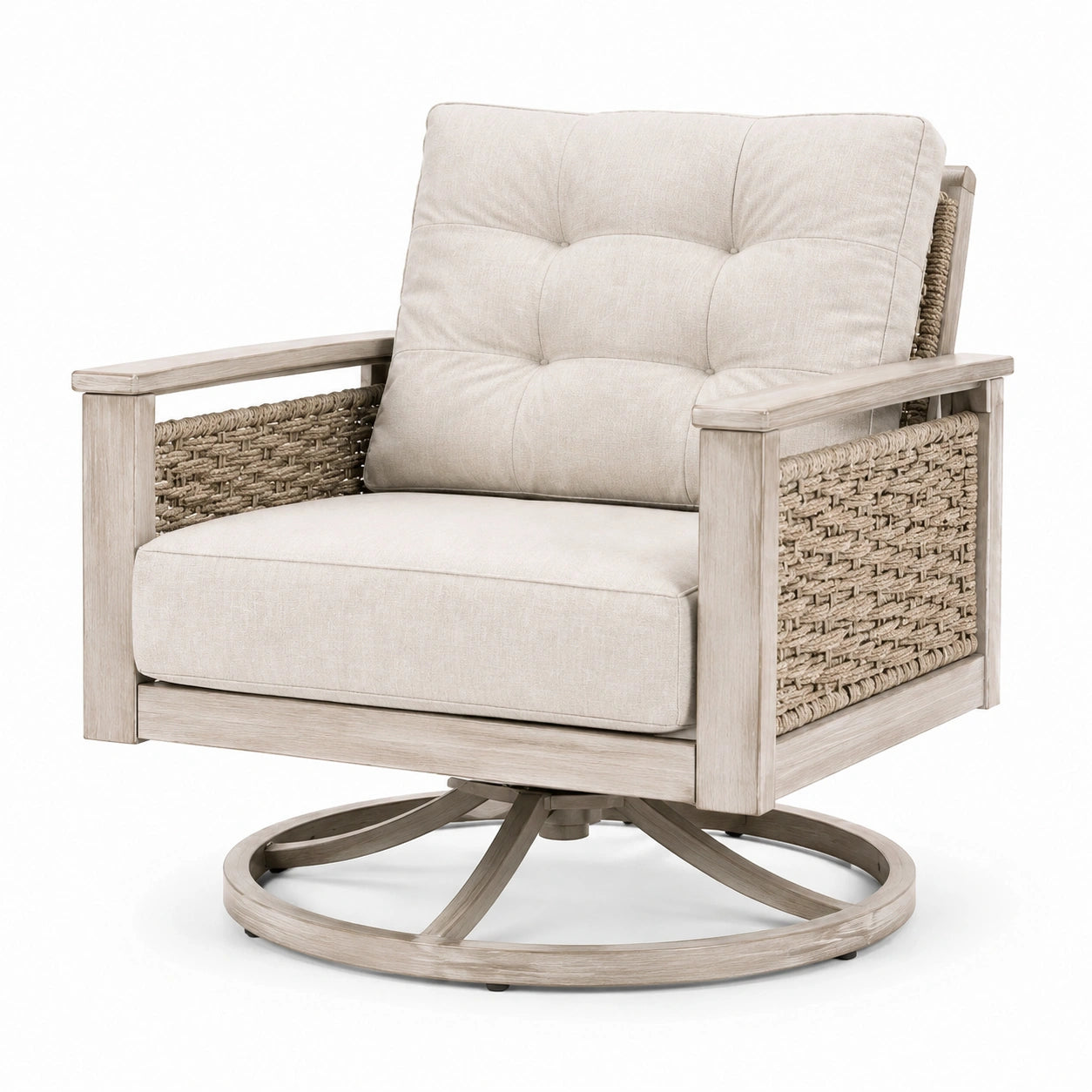 Silla giratoria de acacia y mimbre beige con cojín