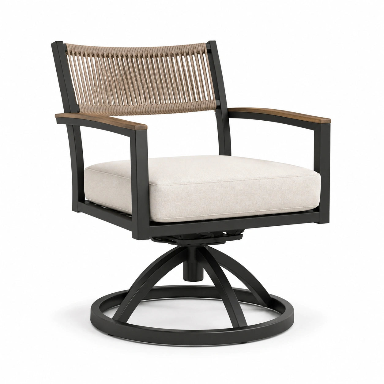 Silla giratoria de metal con respaldo de cuerda y asiento de poliéster