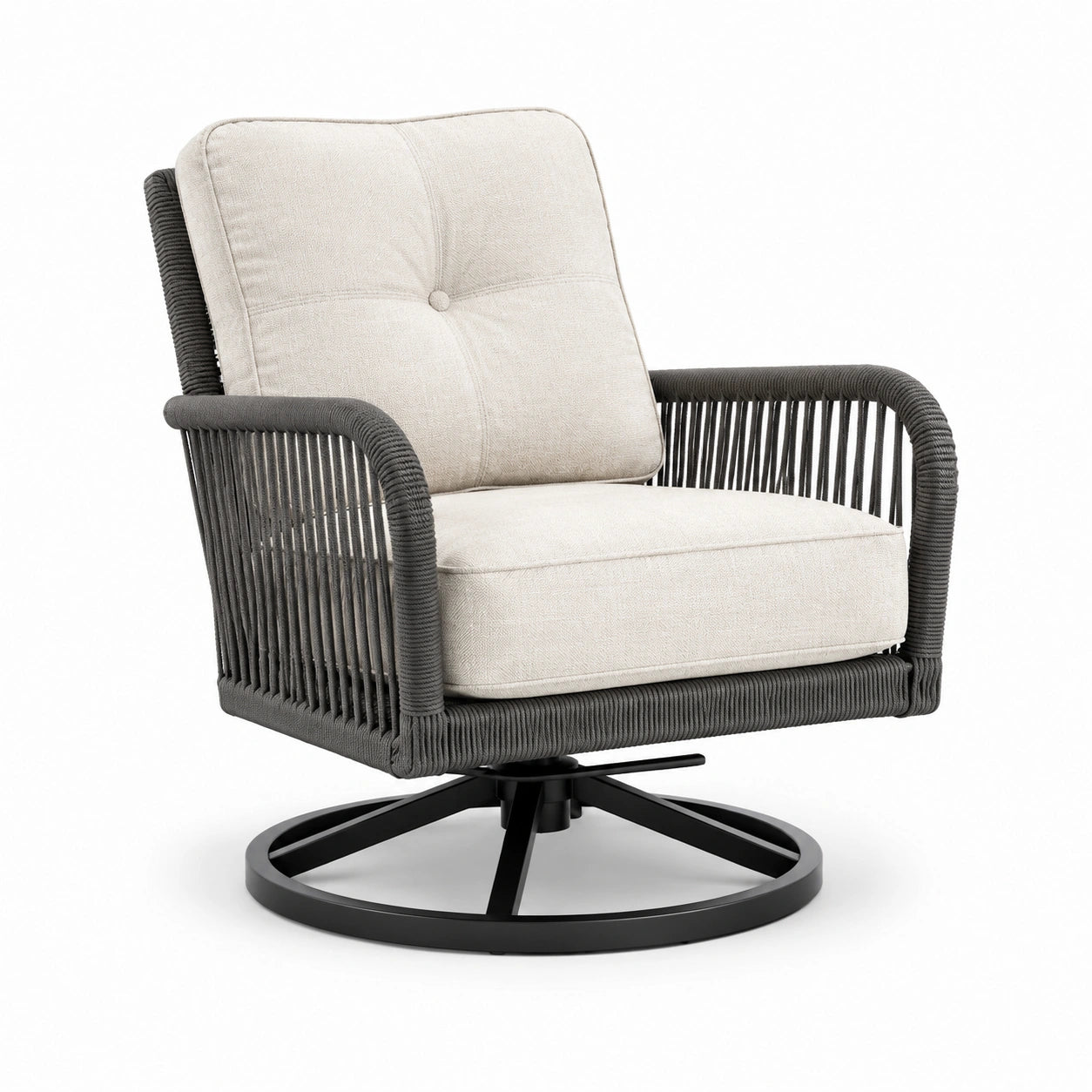 Silla giratoria de aluminio y cuerda sintética con cojines crema