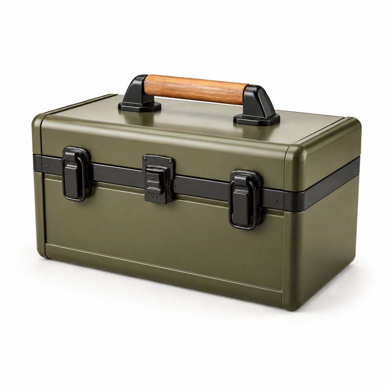 Caja de herramientas de metal con asa de madera verde y negra