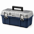 Caja de herramientas de plástico azul y gris con organizadores