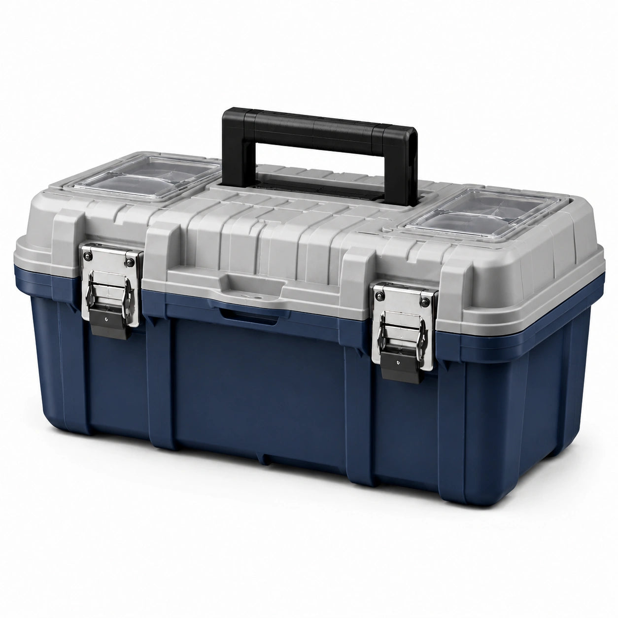 Caja de herramientas de plástico azul y gris con organizadores