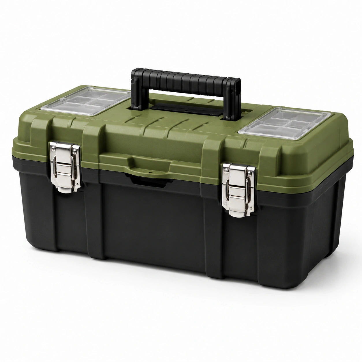 Caja de herramientas de plástico con cierres metálicos resistente verde y negro 47 x 25 x 24 cm