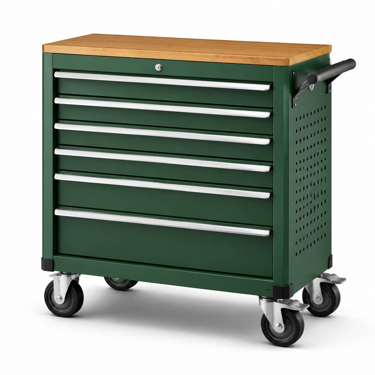 Carro de herramientas de acero verde con superficie de madera y 6 cajones