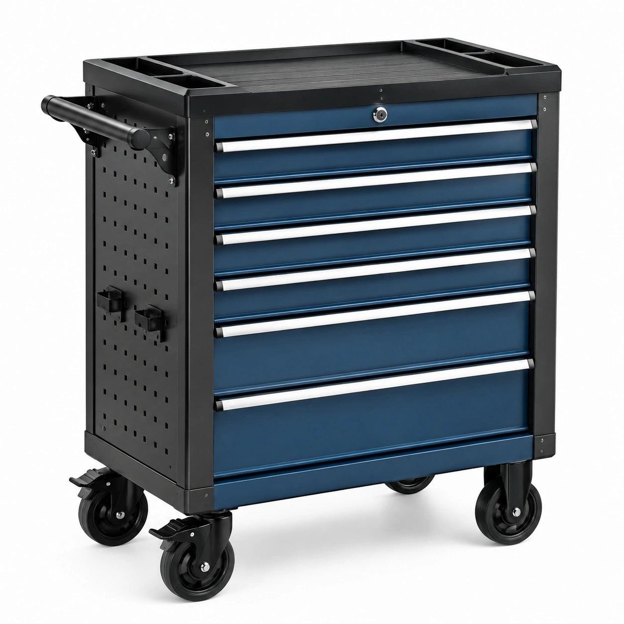 Carro de herramientas de acero con ruedas giratorias y 6 cajones azul