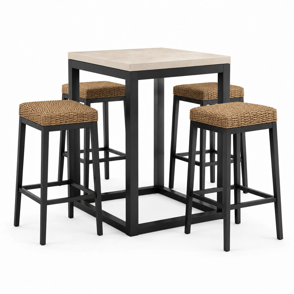 Conjunto de bar con mesa de piedra y taburetes de metal negro