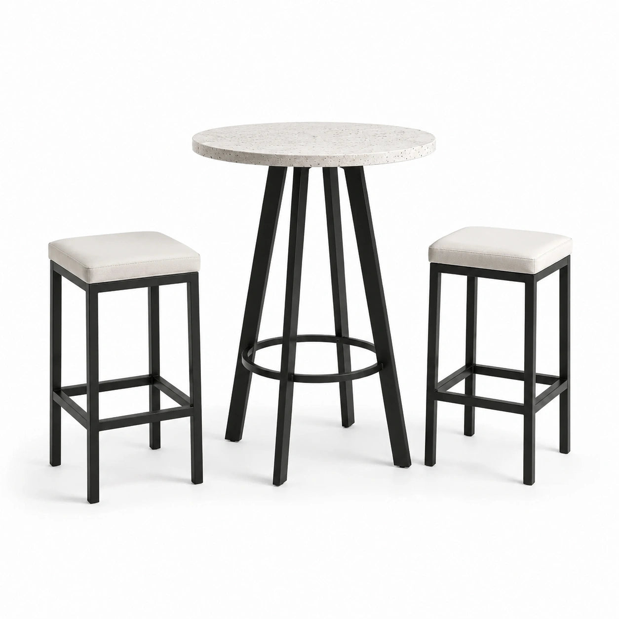 Conjunto de bar con mesa redonda de terrazzo y taburetes de metal y tela beige