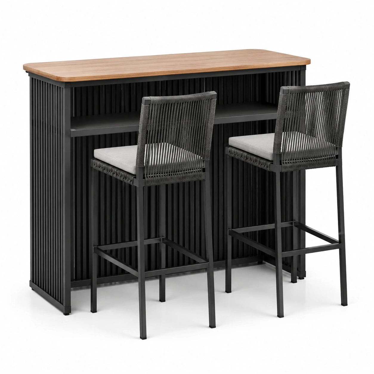 Conjunto de Bar de Madera y Metal para Exterior - Negro y Madera Natural
