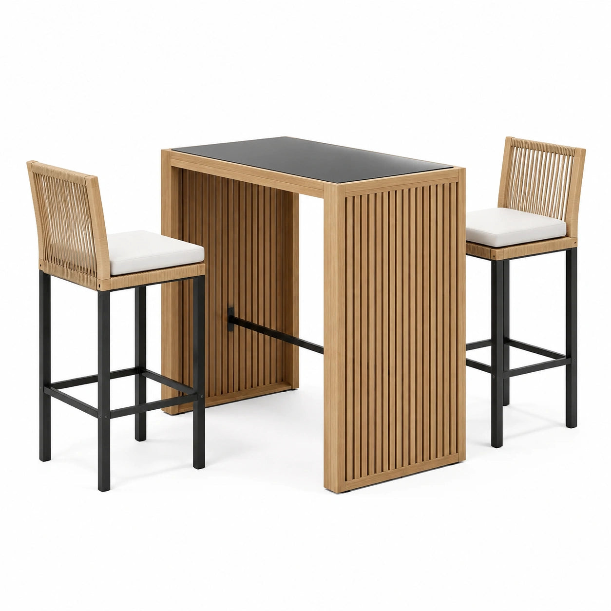 Conjunto de bar de madera y metal con superficie de vidrio templado