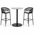 Conjunto de bar con mesa redonda de resina y sillas altas de acero y cuerda
