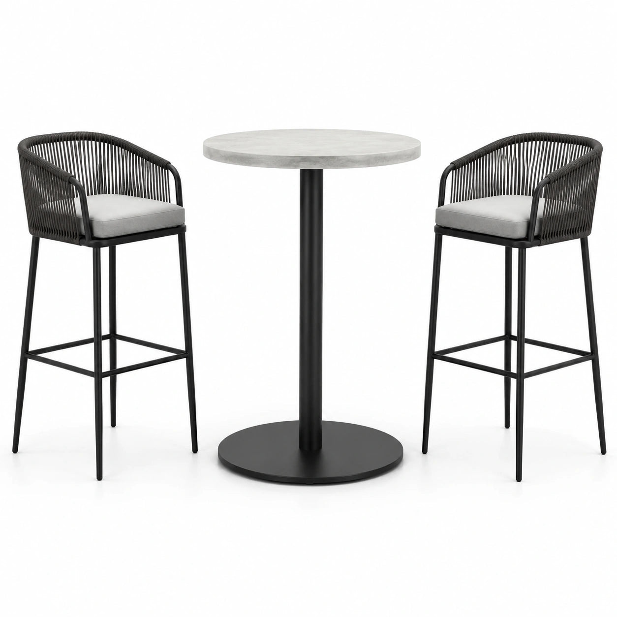 Conjunto de bar con mesa redonda de resina y sillas altas de acero y cuerda